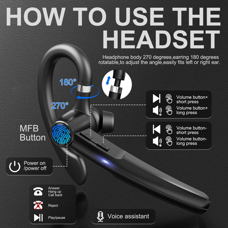 Bluetooth 5.3 Headset, 60Hrs Single Ear Earpiece with Mic | LED Charging Case, Noise Cancelling Mic, Hands-Free Calls for Business, Driving & Meetings Black