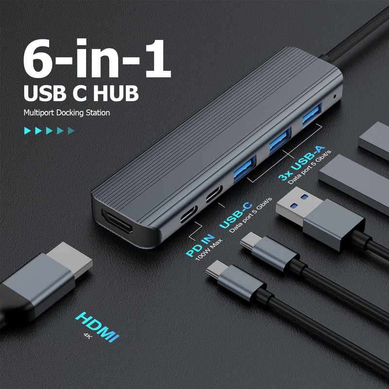 USB C Hub Multiport Adapter Laptop Docking Station for Macbook Pro, Macbook Air, Tpye C to 4k HDMI, USB A 3.0, USB C 3.0, PD Multiple Docks 6-in-1-A