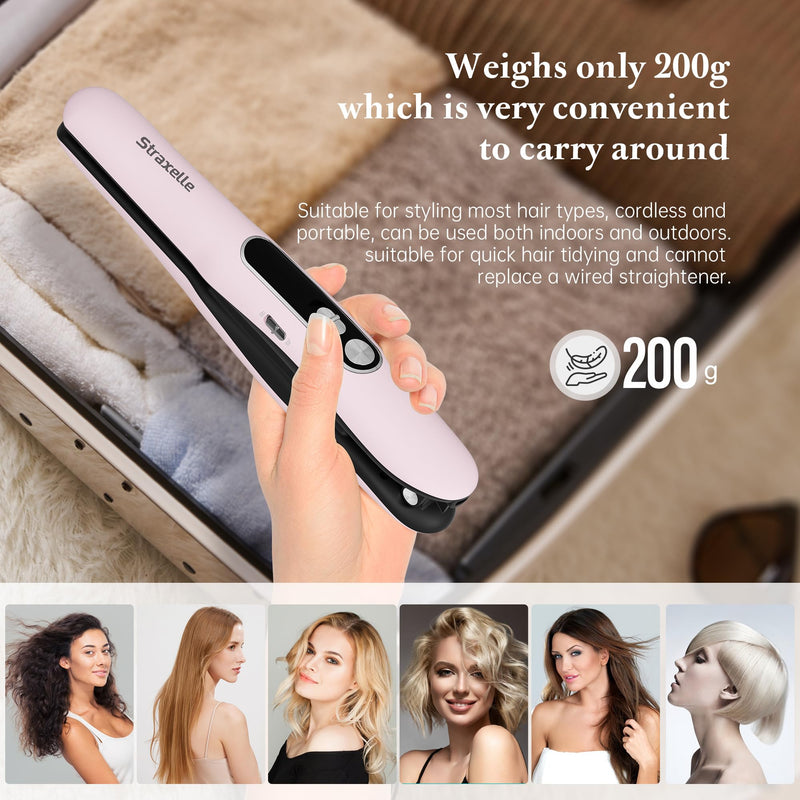Mini Cordless Hair Straighteners, 2 in 1 Portable Flat Iron and Curler Adjustable Temp 175℃-215℃ Mini Straightener with LED Display,5000mAh Travel Straightener for Women Men (Pink) Pink