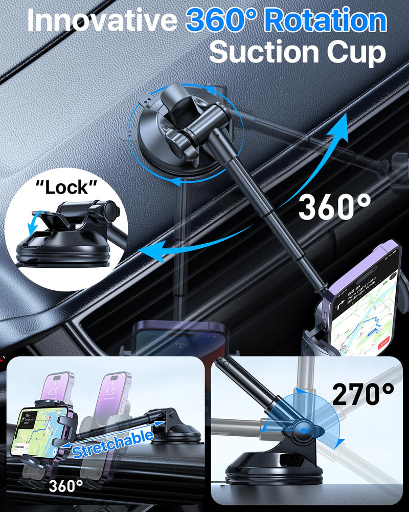 [2025 True Military-Grade] Car Phone Holder [Upgraded Strongest Suction & Clip] Cell Phone Mount for Dashboard Windshield Vent,Truck Cradle Stand for iPhone 16 Pro Max Samsung Android (Black) Black