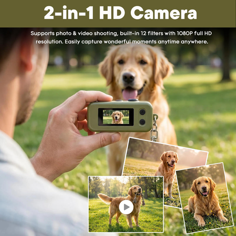 1080P Keychain Camera with 8GB Card, Retro 2MP Mini Digicam | Built-in 12 Filters and 16X Zoom, Rechargeable Battery, Ideal Gifts for Teens & Adult Beginners (Army Green) Army Green
