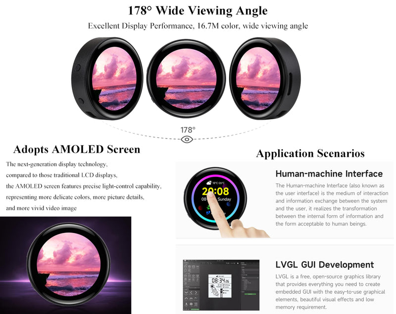 ESP32-S3 1.43inch AMOLED Touch Display Development Board, 466x466 QSPI Interface AMOLED Round LCD, Onboard Accelerometer and Gyroscope Sensor R T C Chip, ESP32 with Display, Multiple Interfaces