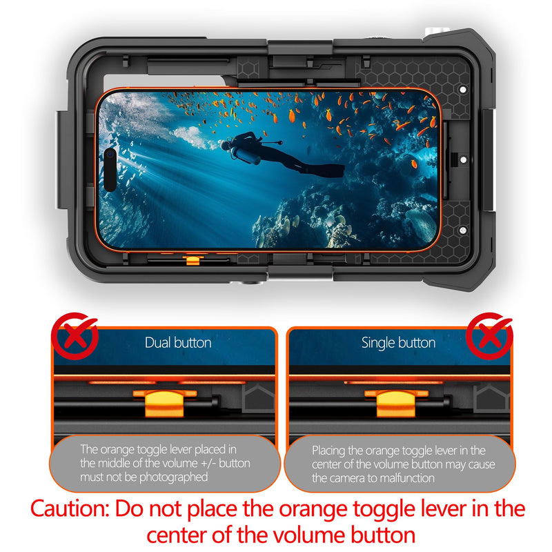 iPhone Underwater Housing, 50ft/15m, Gen 2s, Black Orange | A vacuum valve and physical shutter support secure diving; the 1/4in tripod mount expands filming options. Gen 2S -for iPhone