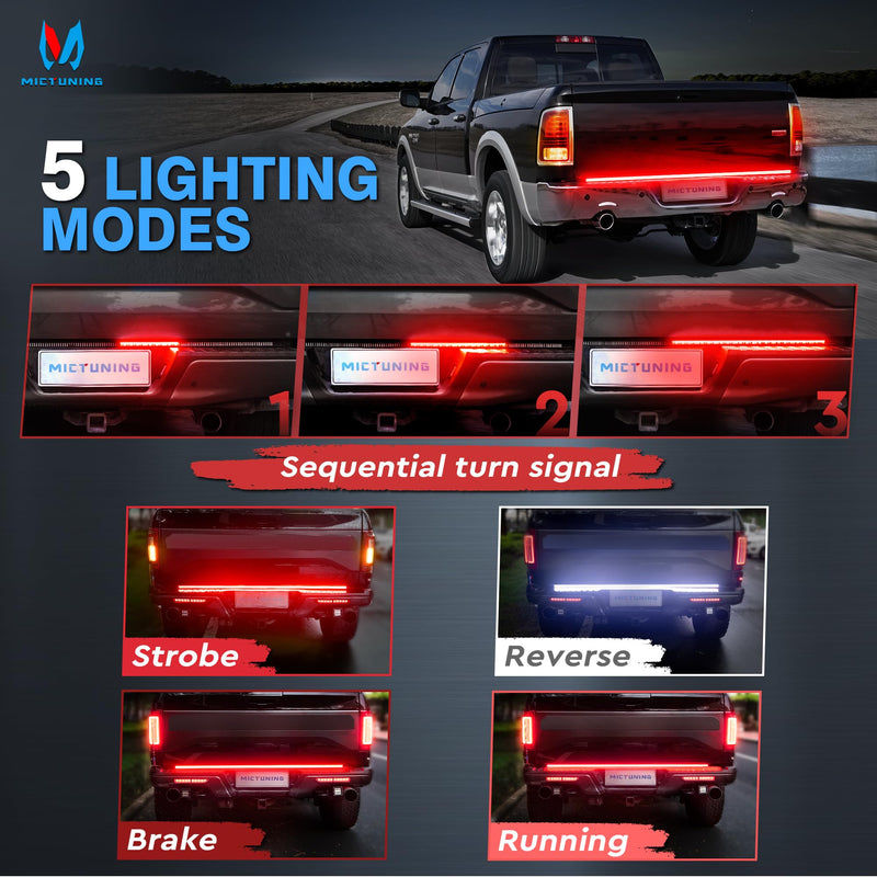 MICTUNING 60 inches Red Sequential Turn Signal Brake Running White Reverse Lights, Triple Row 504 LEDs Tailgate Strip Light Waterproof for Ford F150/RAM 2500 60"Red Turn Signal