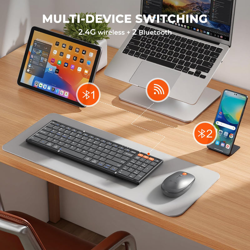 MEETION Foldable Keyboard and Mouse Combo, Bluetooth Portable Set | Rechargeable full-size folding keyboard and mouse with 2.4G & dual Bluetooth, ideal for travel, Windows, Mac & iPad Black