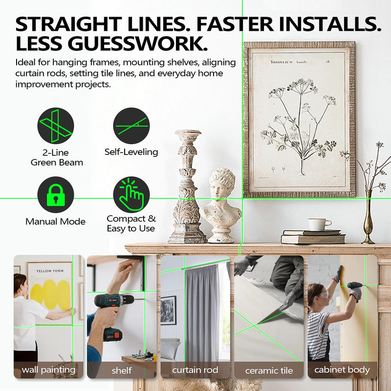 Lasers Level, 2-Line Green Self-Leveling Cross Line Laser, USB-C | Auto self-levels in 2 seconds with ±3mm accuracy at 10m. Manual mode supports angled layouts and custom projects Basic Kit – Magnetic Mount + Hard Case