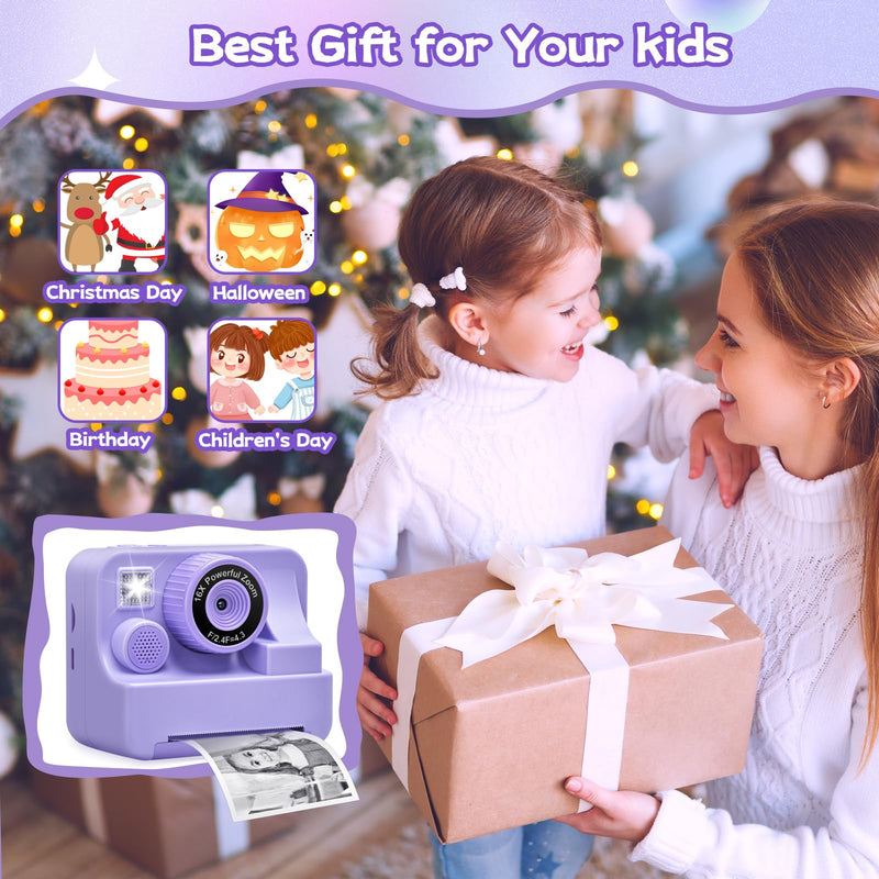 Kids Camera Instant Print, Dual Cameras Photo 1080 HD 2.4 Inch Screen Toddler Print Camera with 3 Prints Paper & 32 G,Christmas Birthday Gifts for Girls Boy 3 4 5 6 7 8 9 1s0 11 12 Year Old Purple
