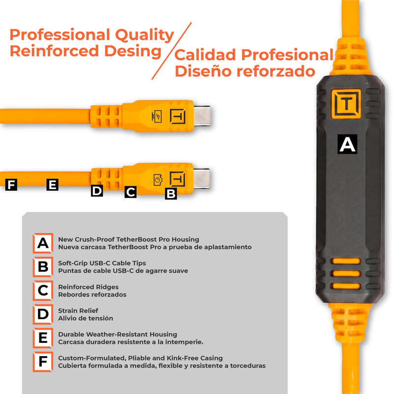 TetherPro Optima 10Gbps Gen 2 USB-C, 15' (4.6m), Straight to Straight, High-Visibility Orange 15' (4.6m)