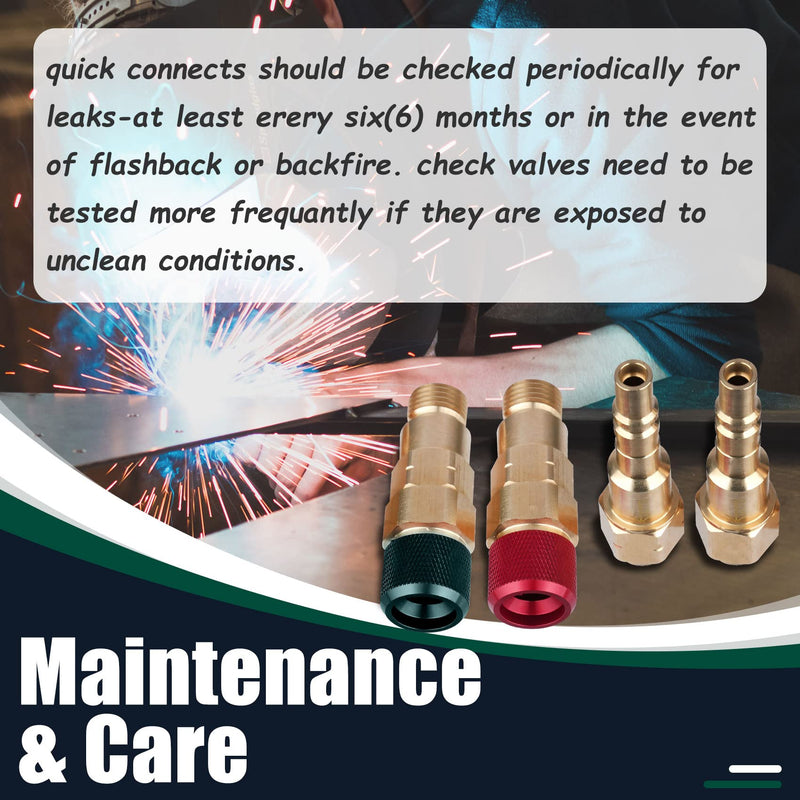 Upgraded QDB10 Torch to Hose Quick Connect Set, With Check Valves. Brass construction color coded for safety (oxy/green, fuel/red).