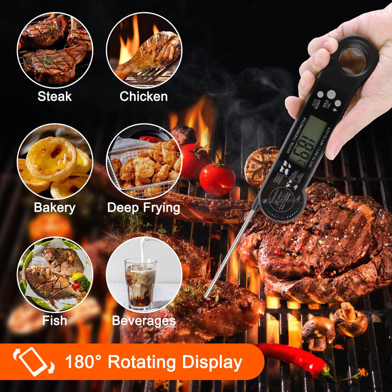 Meat Thermometer Digital - Food Thermometer with Bottle Opener for Cooking, Instant Read with Backlight & Calibration, Convenient for Grilling, Cooking, BBQ, Kitchen Use, Compact & Easy Storage Black