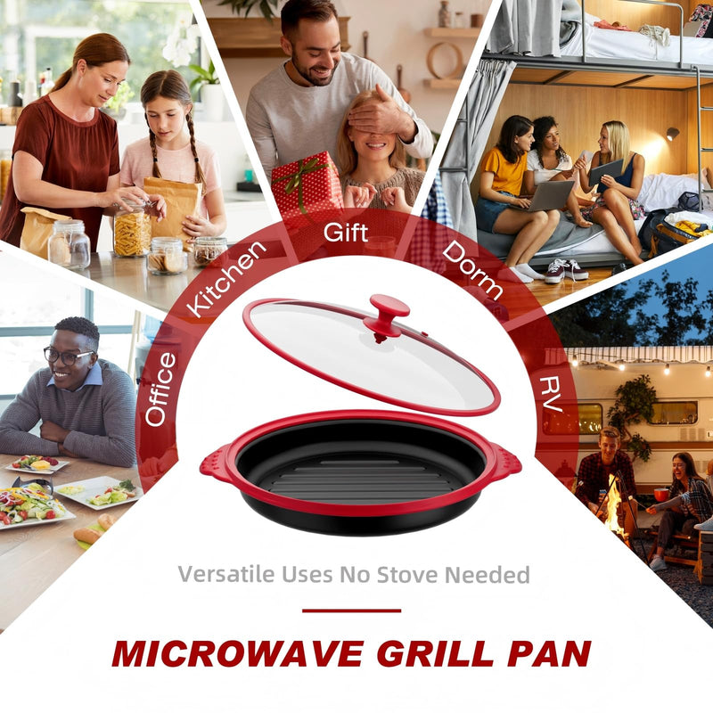 Microwave Grill Pan with Glass Splatter Cover（BPA Free） | Nonstick Microwave Crisper Pan & Cookware Accessories for Grilling Meat, Sandwich, Chicken Wings, Sausage,Dishwasher Safe Red+Glass
