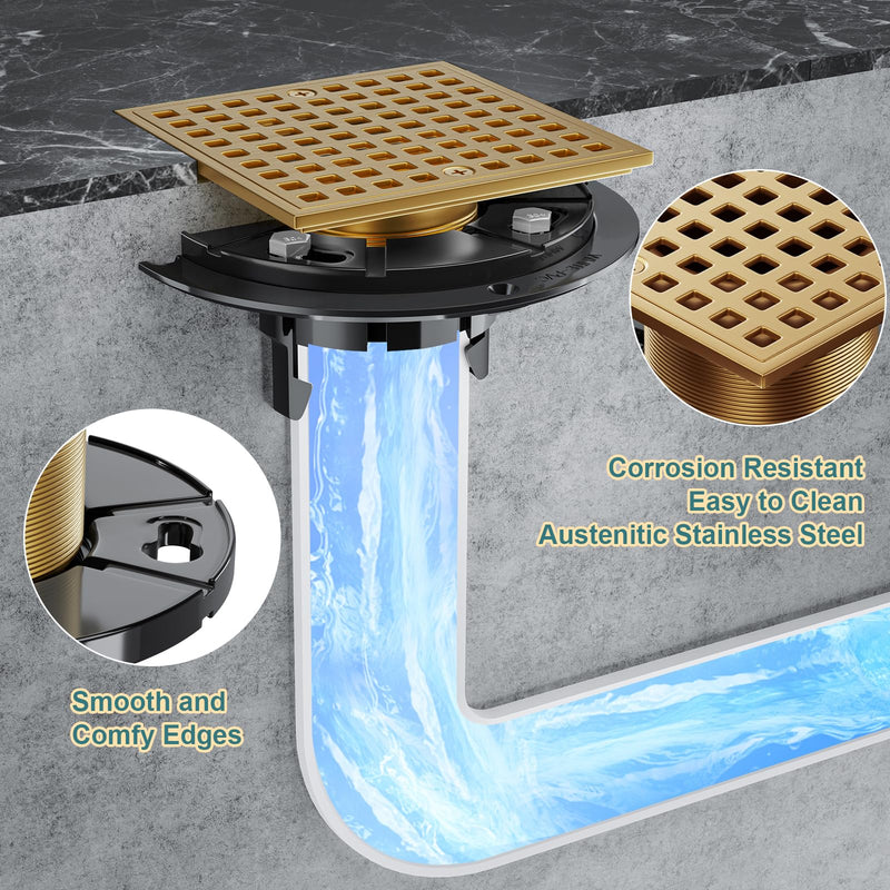 Shower Drain 4-1/4 Inch - Square Shower Floor Drain Kit with ABS Flange for 2" or 3" Pipe, SUS304 Stainless Steel Drain with Hair Strainer,Removable Strainer Cover, Champagne Bronze