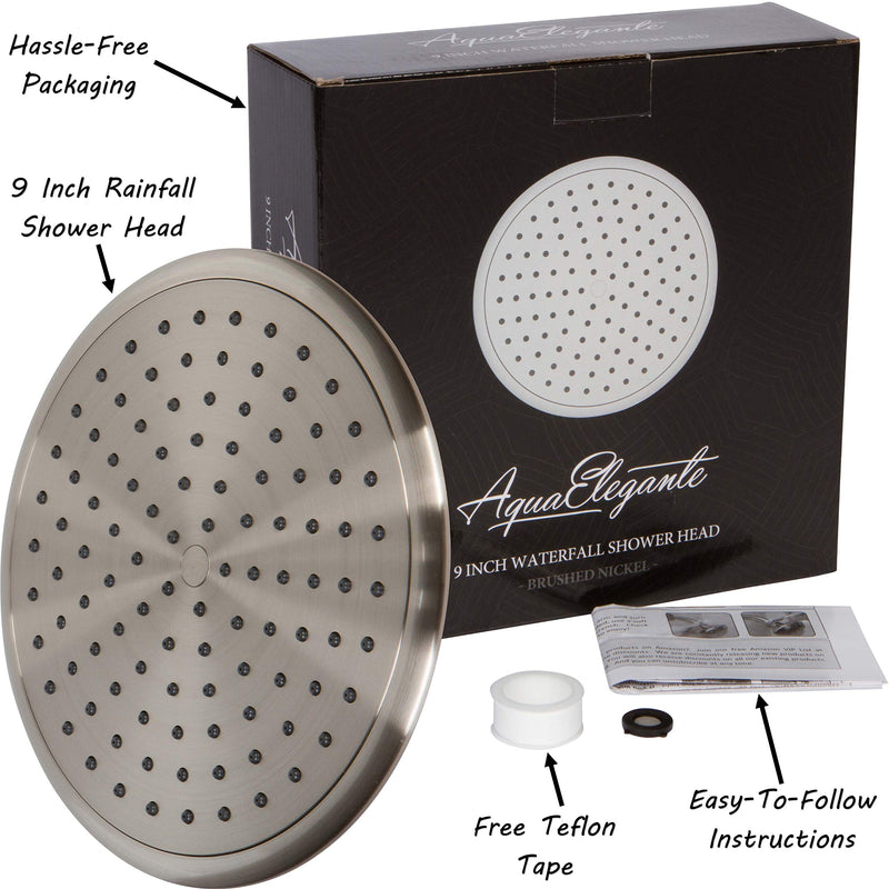 Waterfall Showerhead - 9 Inch Large Overhead Rain Shower Head - High Flow Best With Extension Arm, 1.8 GPM - Brushed Nickel & California Certified 1.8 GPM California