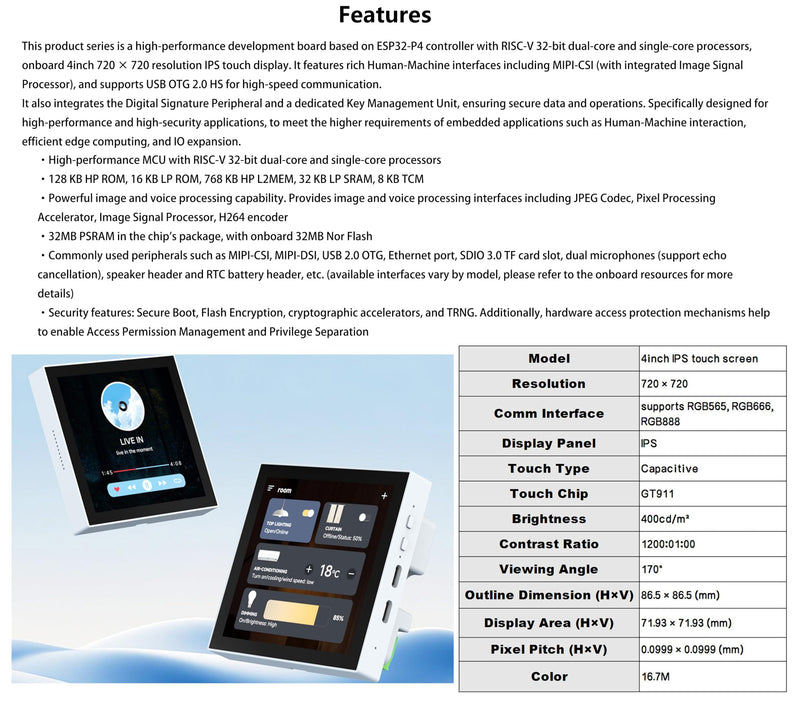 ESP32-P4 Smart 86 Box Development Board, Based On ESP32-P4 Controller, Onboard 4inch 720 x 720 Touch Display,Onboard Ethernet Port + RS485 + 2-CH Relay, Supports AI Voice Interaction