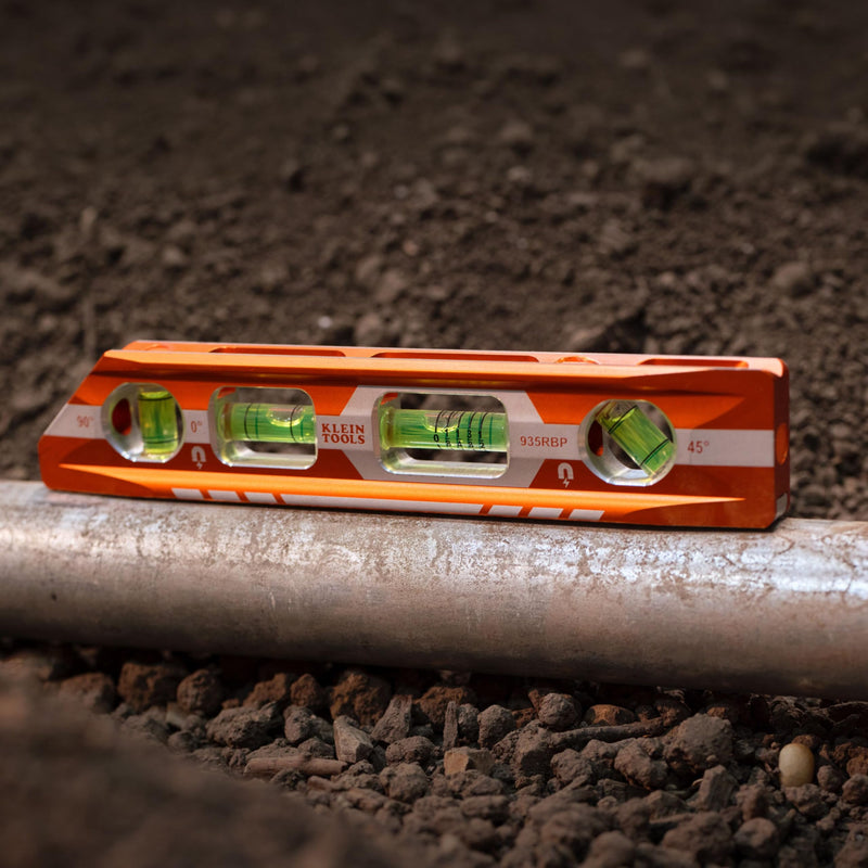 Klein Tools 935RBP 8-Inch Pitch Vial Torpedo Level with Magnetic Track, Vials Read 0/45/90 and Pitch in 1/8-Inch Increments, Level For Electricians, Construction, Plumbing, and Inspections