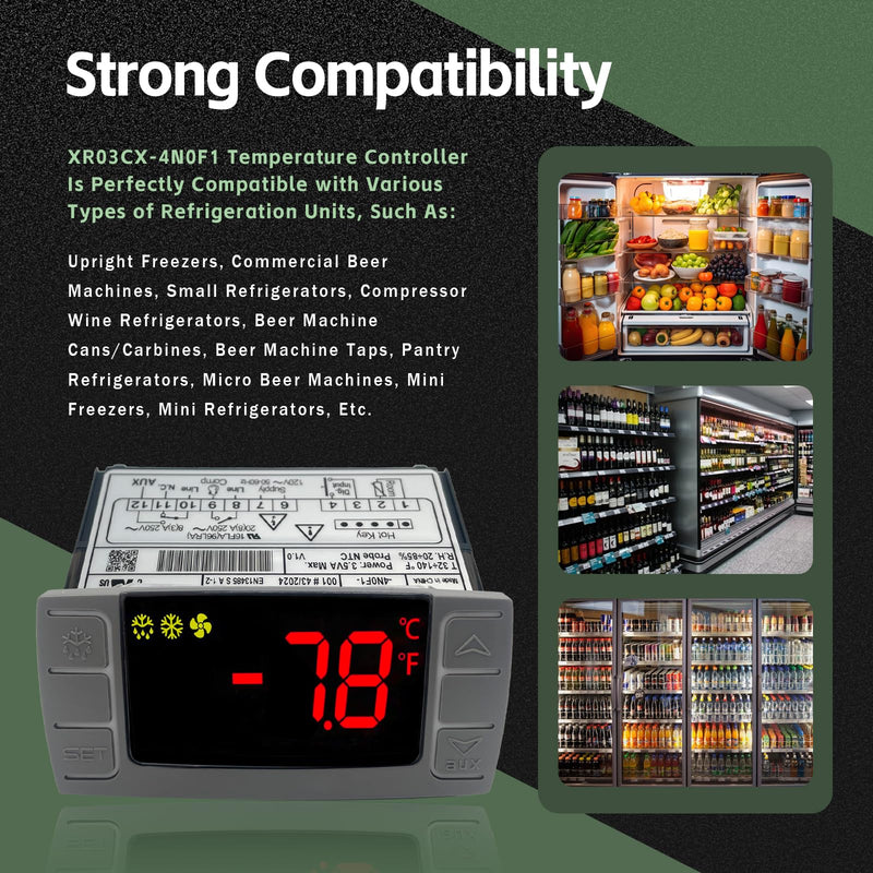 XR03CX-4N0F1 Temperature Controller with Sensor Probe, 120V Thermostat Controller Compatible with Dixell Temperature Controller Fit for Refrigerators/Freezer Replace # XR03CX, W0302186, XR03CX-4N1C0 XR03CX-4N0F1