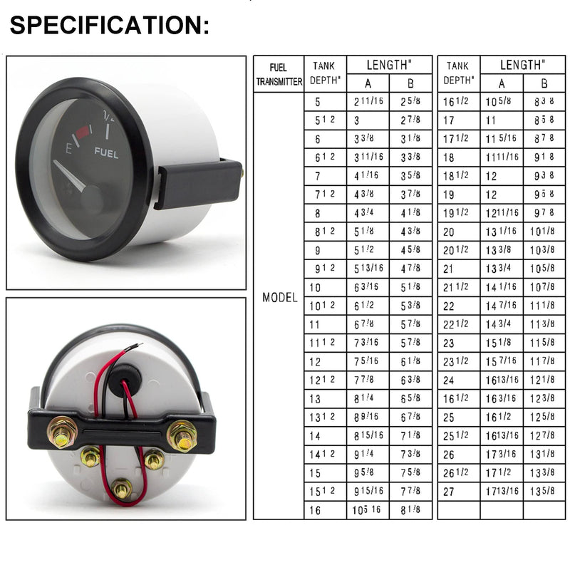 52mm Fuel Level Gauge Kit with Fuel Tank Sending Unit Boat Fuel Sender Unit Fuel Sender Fuel Water Level Sensor 2" Fuel Tank Meter 12V Universal