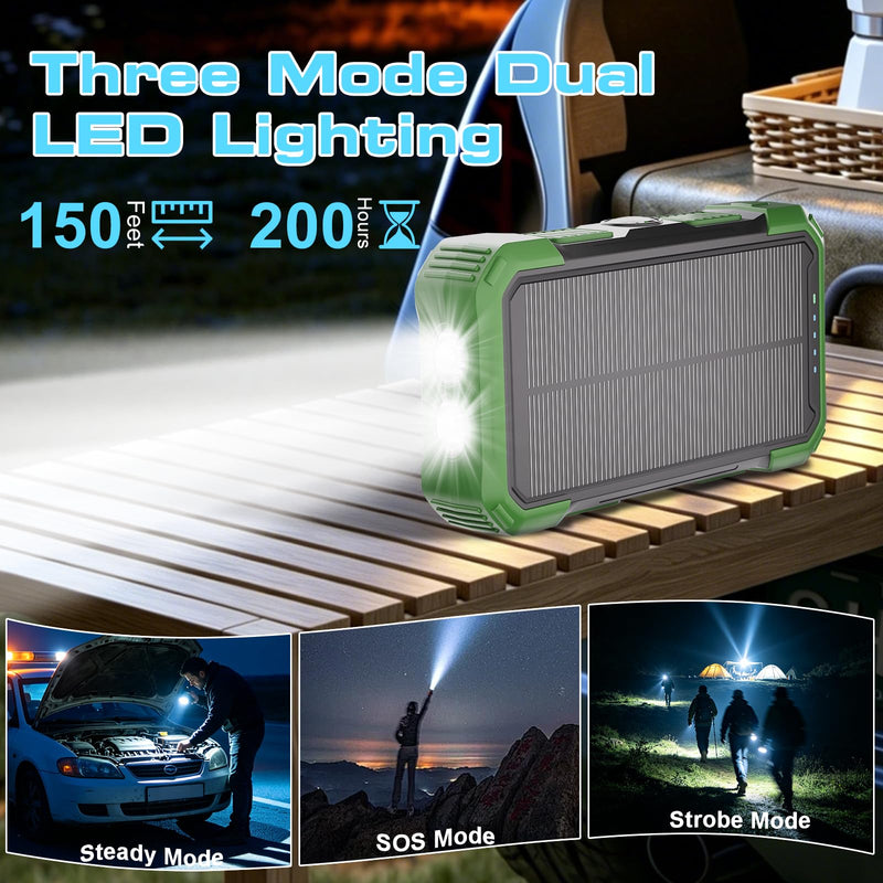 Solar Charger Power Bank 20000mAh, 22.5W Fast Charging Portable Charger with Built-in Cables, USB-C Battery Pack, Dual LED Flashlight, Compatible with iPhone & Android for Camping, Hiking, Emergency Green