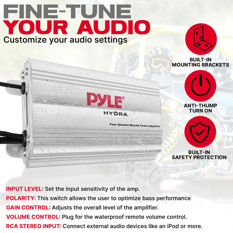 Pyle 400W 4-Channel Hydra Marine Micro Amplifier - Waterproof - RCA Input - 3.5mm Jack - MP3 - Soft Turn On/Off - Volume Gain Level Remote Control - Power Protection - PLMRMP3A Standard Packaging