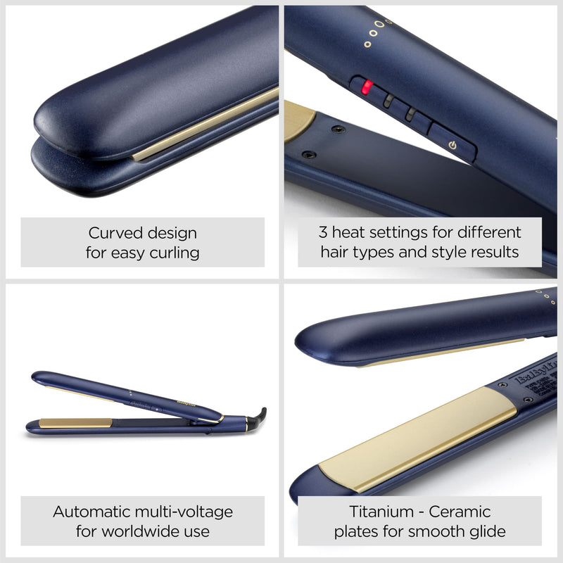 BaByliss Midnight Luxe Hair Straighteners - Titanium Ceramic Floating Plates for Smooth Gliding, Fast 30 Second Heat Up, 3 Heat Settings up to 235°C, Worldwide use, 2516U Single
