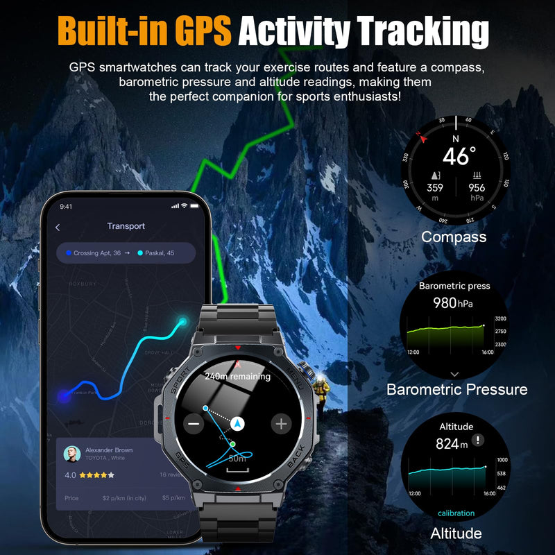 Jugeman Military Smart Watch for Men with Dual-Band GPS, 5ATM Waterproof, 1.43" AMOLED Fitness Watch with Bluetooth Call, Heart Rate Blood Oxygen Sleep Monitor, 160+ Sport Smartwatch for Android iOS Black