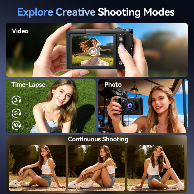 Digital Camera 4K for Photography Vlogging: 56MP Cameras with Mode Dial for Video - 16X Zoom Photo Camera Gifts for Teens Ages 8-16 - 180°Flip Screen Compact Cámara - Point and Shoot Digital Cameras