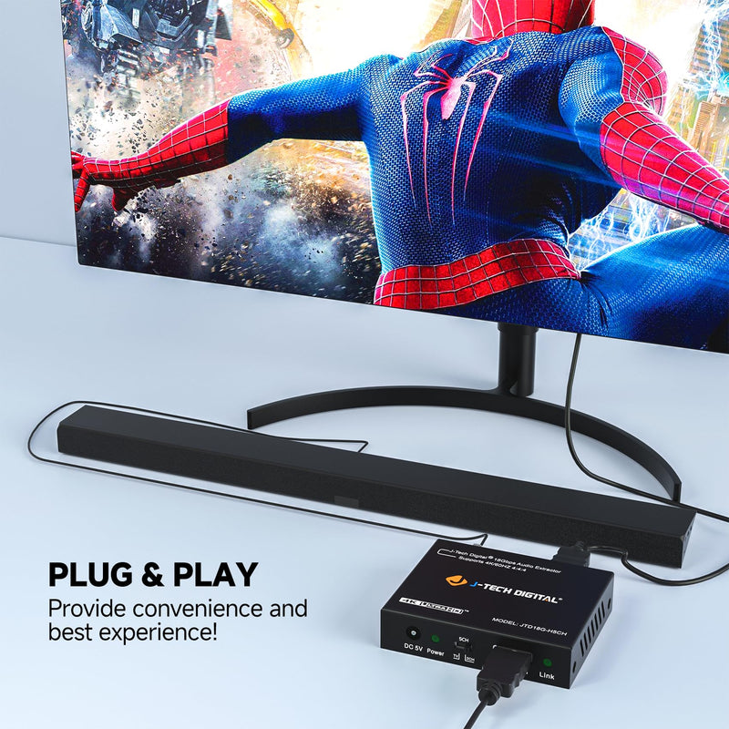 J-Tech Digital 4K HDMI Audio Extractor, 4K@60Hz 1080P@120Hz 1080P@144Hz HDMI to Optical, 3.5mm Audio Converter Adapter, SPDIF, HDR10 CEC Digital Audio, DTS 5.1, [JTD18G-H5CHV2] 4K60 Audio Extractor