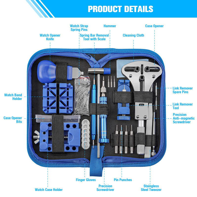 Watch Repair Kit, BYNIIUR Watch Battery Replacement Tool Kit, Watch Repair Tools & Kits, Watch Link Removal Tool Kit Watch Band Tool Set with Carrying Case, Watch Case Opener Spring Bar Tools Blue
