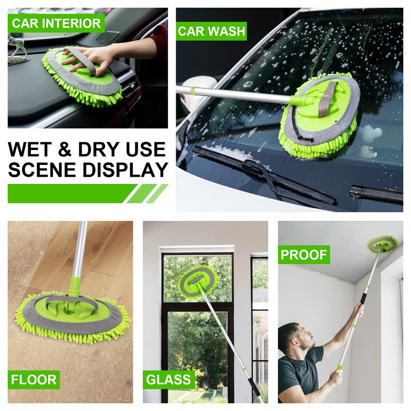 Ordenado 62" Car Wash Brush Kit Mitt Mop Sponge with Long Handle Chenille Microfiber Car Cleaning Brush Kit Supplies Car Washing Mop Kit Car Care Kit of Scratch-Free Replacement Head for Car RV Truck A-green