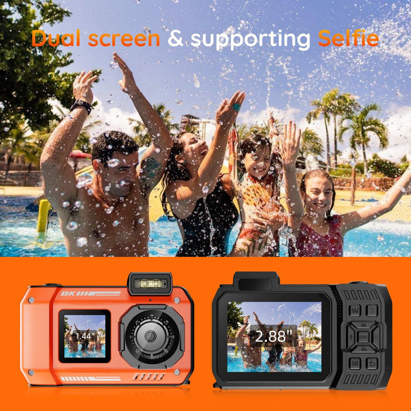 8K Underwater Digital Camera - MaxMango 70MP 33FT Waterproof Camera with 64G Card - Underwater Camera for Snorkeling Floatable Dual-Screen Selfie 2500mAh Battery Point and Shoot Digital (Orange)