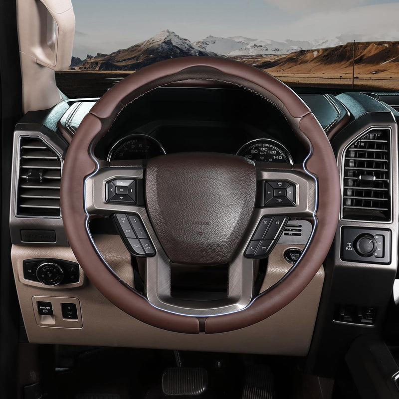 Steering Wheel Cover for Ford F150 2015-2020/ F250 2017-2022/ F350 2017-2022/ F450 2017-2022/ F550 2017-2022/ Ford Expedition 2018-2021 Steering Wheel Protector for Ford Steering Wheel Accessories Brown Leather For F150 2015-2020