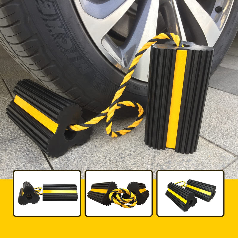 2 Pair Rubber Heavy Duty Dual Wheel Chocks Front and Back, RV Leveling Blocks Non Slip Base with Nylon Rope Yellow Reflective Tape for Travel Trailers, Car, Camper, Truck (4 Pack) 2 PAIR