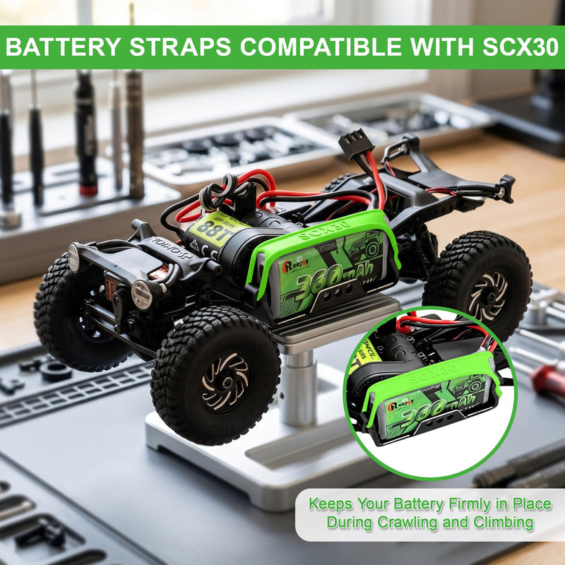 RC Battery Straps for Axial SCX30 RC Cars, 2pcs Green & 2pcs Black﻿ | Stretchable Rubber Battery Securing Straps Reusable Cable Straps Replacement Upgrade Parts for Axial SCX30 RC Crawler
