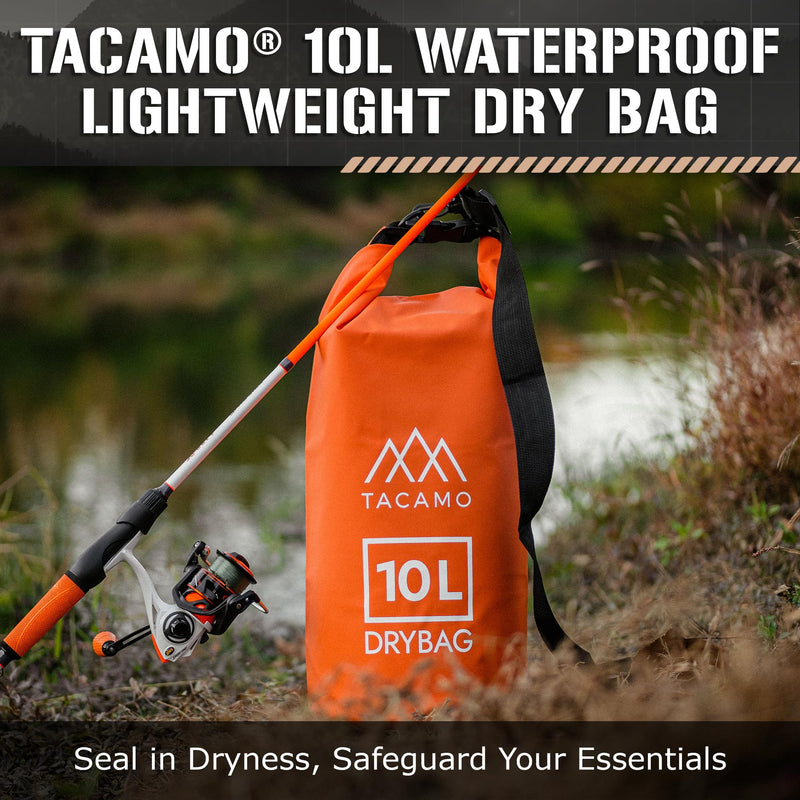 TACAMO® 10L Dry Bag Waterproof Backpack for Camping Gear, Waterproof Bag for Canoeing or Backpacking - Roll Top, Small, Watertight, Floating Dry Sack for Kayak Accessories, Travel Bag for Hiking Safety-Orange 10 Liter