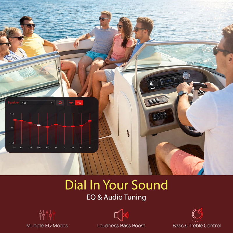 Pyle Marine Radio Stereo Receiver with Bluetooth MP3 Player - Single DIN Boat Audio System, AM/FM Tuner, USB/AUX Input, 30 Preset Stations, Hands-Free Calling, 350 W Power for Marine and Boat Use Charcoal