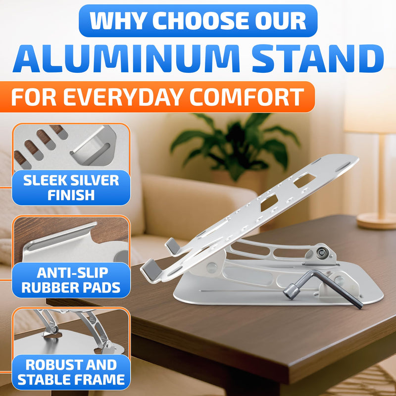 Height & Angle Adjustable Computer Stand for Laptop - Portable Computer Holder for Desk with Ventilation Slots for Enhanced Airflow - Adjustable Laptop Stands for Desk with Non-Skid Silicone Pads