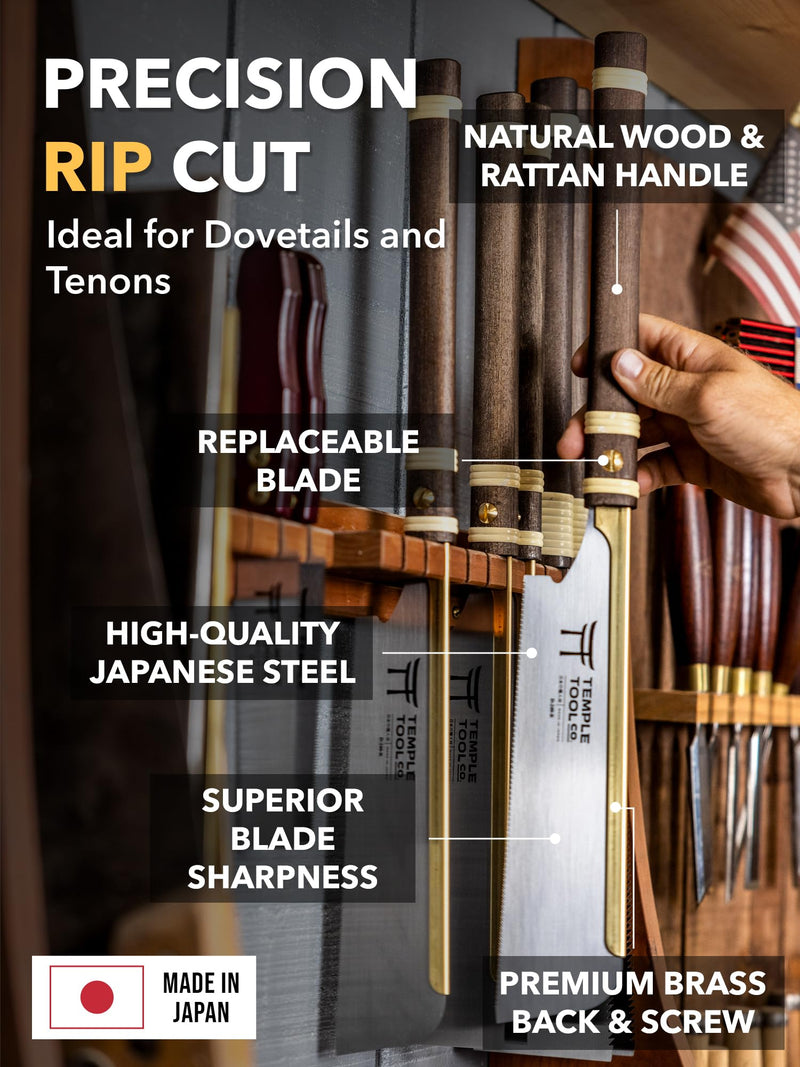 Temple Tool Co. Japanese Pull Saw - Rip-Cut 9.5 - Hand Saw for Dovetails, Tenons, Fine Joinery Dozuki Rip-Cut