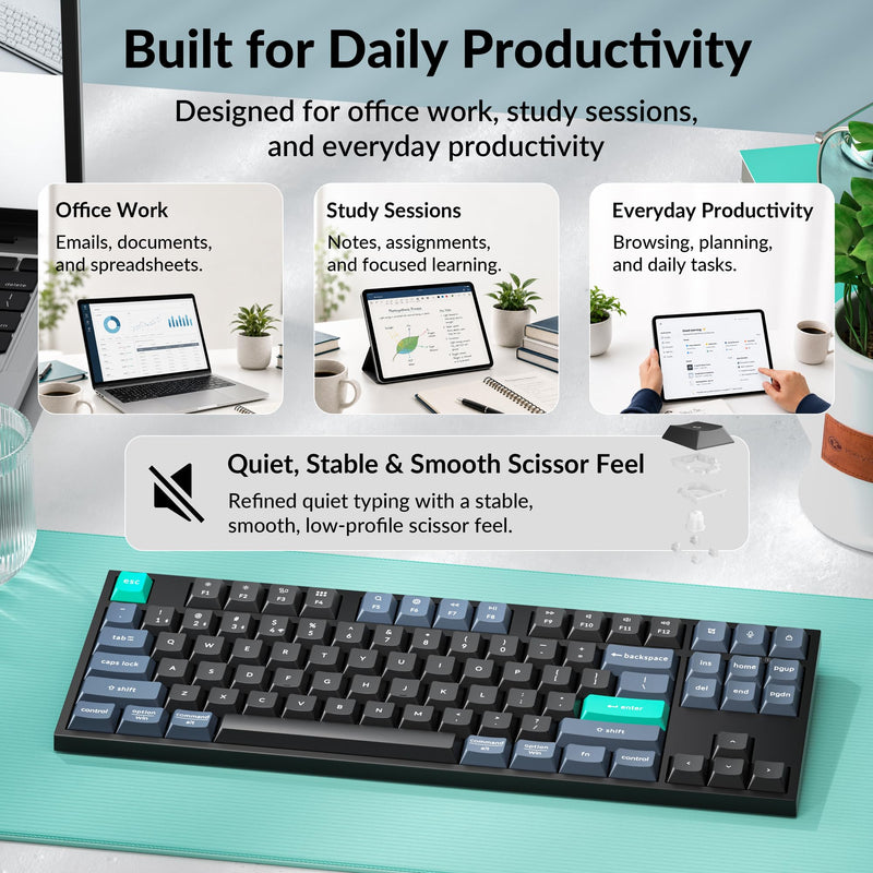 Keychron B33 Silent Wireless Keyboard, Premium TKL Scissor Switch Keyboard with Tri-Mode Connectivity, Programmable via Launcher, for Mac Windows Linux