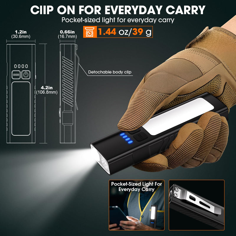 2pack Rechargeable EDC Flat Flashlight with COB Lights, UV, Red, Super Bright LED Combo 3in1 Portable Pocket lights, Pocket Mini Magnetic EDC Flashlight with Clip for Working, Repairing, Emergencies 2PCS