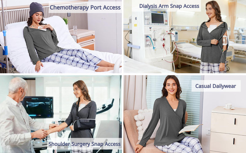 Deyeek Women's Post Shoulder Surgery Shirts Long Sleeve V-Neck Wrap Chemo Blouse Easy Access Adaptive Snap On Dialysis Shirts Dark Grey Medium