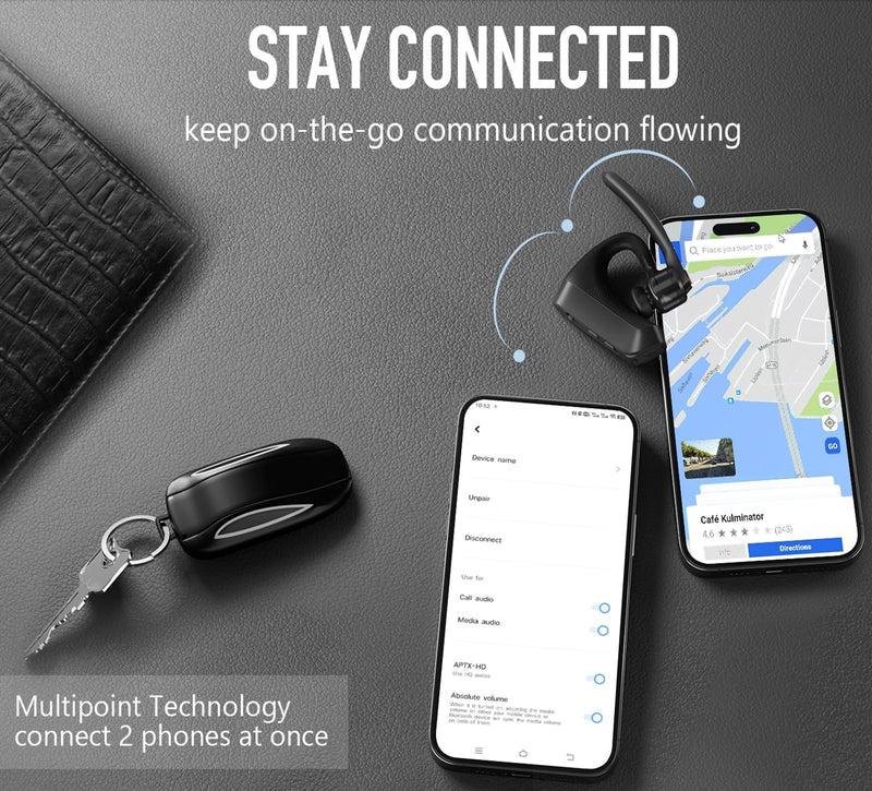 Conambo Bluetooth Headset with Dual Mic Noise Canceling & Mute Button Wireless Earpiece 16 Hrs Talking for Home Office Trucker – Compatible with iPhone Android Phone (K18) Black