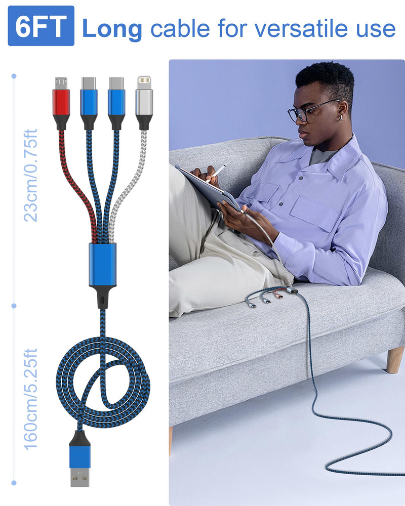 4-in-1 Multi Charging Cable (3-Pack, 6FT) - Dual USB-C, Lightning, Micro | Nylon Braided Phone Charger Cord. Universal USB Cable, Travel & Car Camping Essential for iPhone 17-8, iPad, Samsung, Android