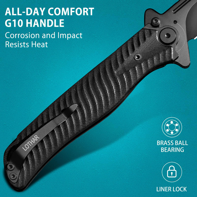 LOTHAR PHOENIX Pocket Knife, Tactical Pocket Knife for Men, 4" D2 Steel Blade Folding Knife with Clip, Flipper Assisted Opening and Black G10 Handle, Survival Knife Gifts for Men