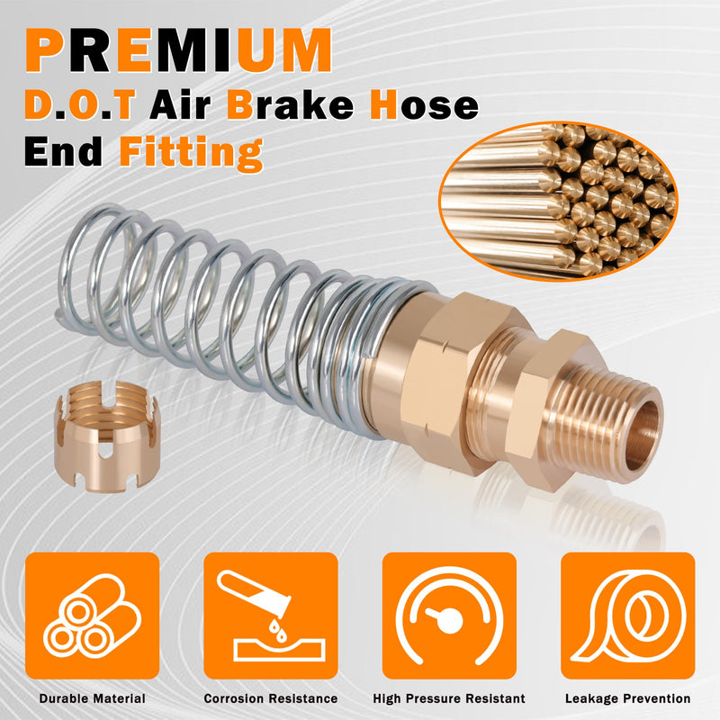 4Pcs Brass 3/8” Air Hose Fittings DOT Air Fittings with Spring Guards, 3/8” Male Connector for Rubber Tube, Air Brake Hose End Fittings, with 8Pcs Fitting Sleeve Tubes 3/8” Hose x 3/8” Male Connector with Spring Guard