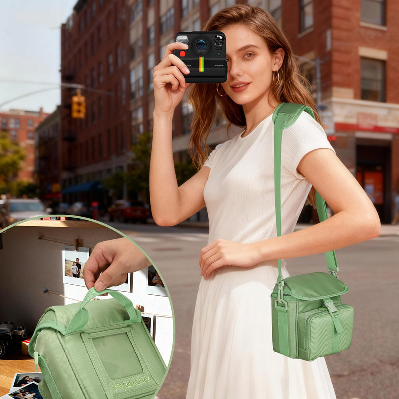 Camera Case for Polaroid Now 3rd/2nd Gen with Photo Display Window | Instant Camera Sling Bag with Clear Display Window, ilted Front Pocket, 8mm Padding, Top Handle and Adjustable Strap, Green