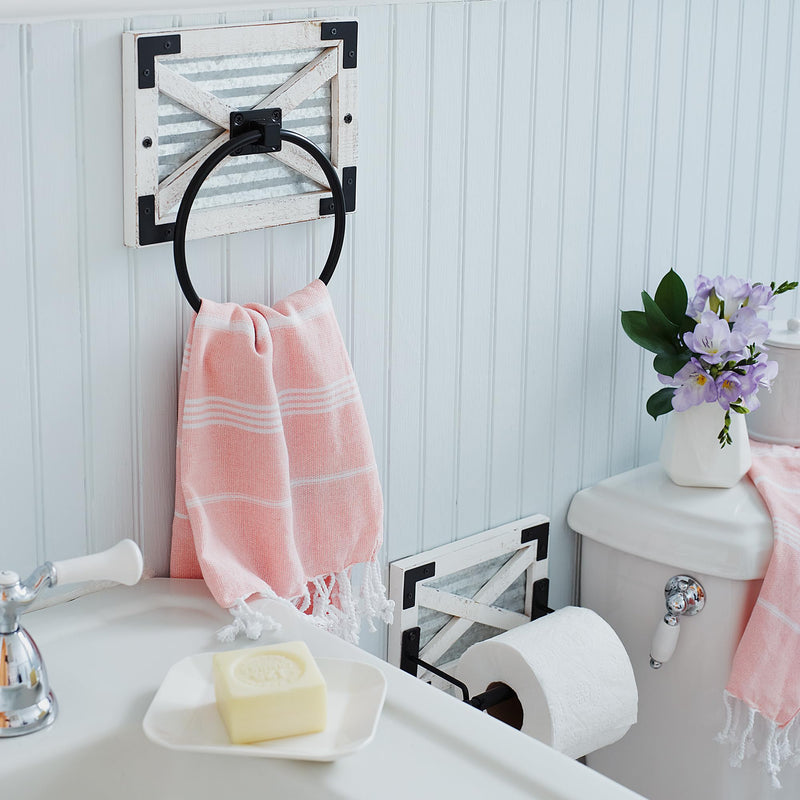Autumn Alley Farmhouse Toilet Paper Holder and Towel Ring Holder with Bracket, Wall Mount, 2 Set - Farmhouse Toilet Paper Holder and Bathroom Hand Towel Holder Wooden Decor, White
