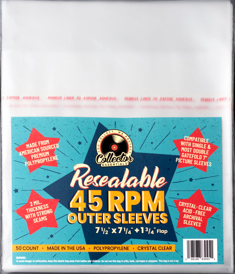  [AUSTRALIA] - 45 rpm RESEALABLE Outer Sleeves - 50 -Pack - Crystal-Clear Polypropylene - USA Made - 2mil Thick - Acid-Free Archival Quality for 7" Vinyl Records