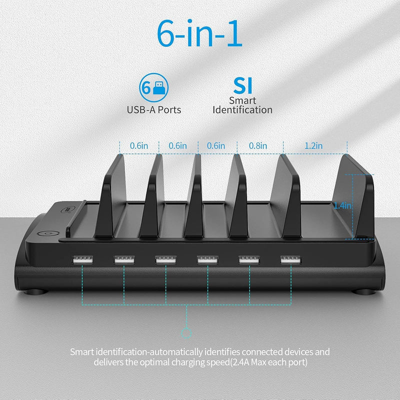 Charging Station for Multiple Devices, Bototek 60W 6 Ports Multi Charger Station for iPhone, iPad, Cell Phone, Tablets, and Other Electronics (6 Ports-Black) 6 ports-black