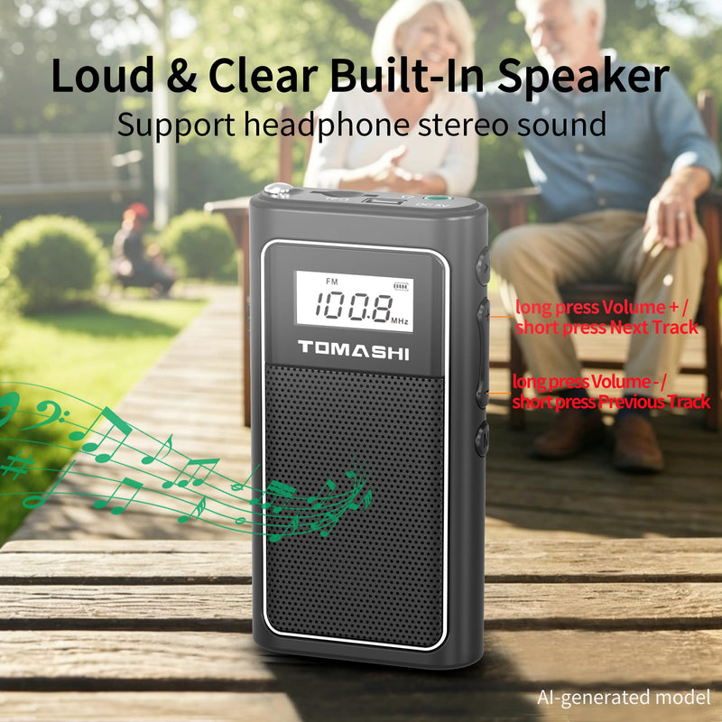 TOMASHI Portable FM Auto Scan Radio, USB-C Rechargeable Pocket Radio | Auto scan FM radio with digital display, speaker and MP3 player. Includes stereo earphones for home, travel and outdoor use.