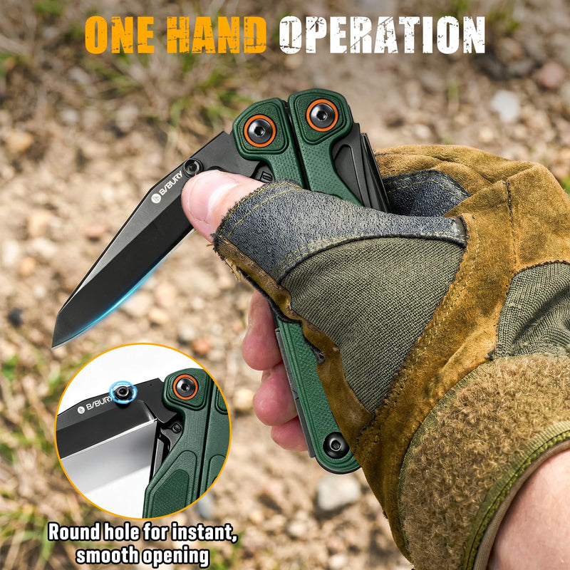 BIBURY Lightweight G10 Handle Multitool Pliers, 25-in-1 EDC Multi Tool with Replaceable Wire Cutters, Scissors, One-Hand Opening Pocket Knife Survival Tools for Camping, Repair,Survival -BI2048G Green